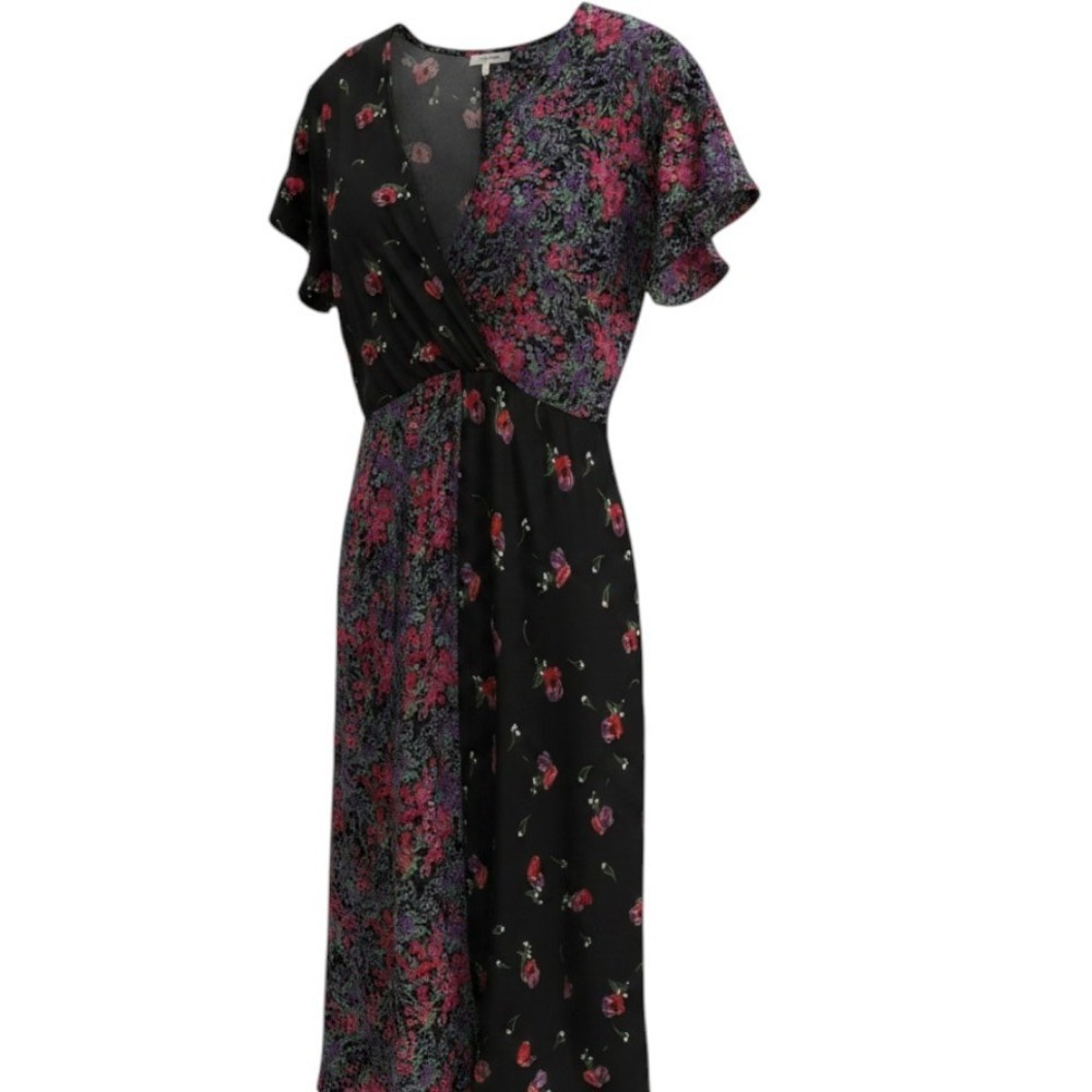 Vintage Judy Knapp California Floral Patchwork Midi Dress V-Neck Black 9/10